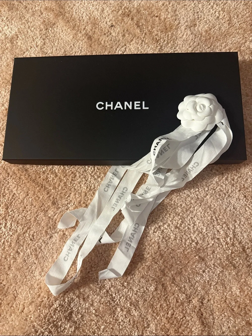 CHANEL Black Box with White Ribbon and Camellia